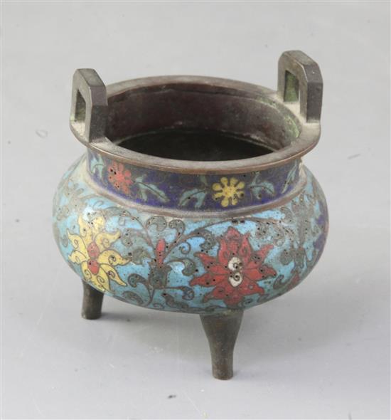 A Chinese cloisonne enamel miniature tripod censer, ding, 19th century, 7.5cm high, 7.5cm wide
